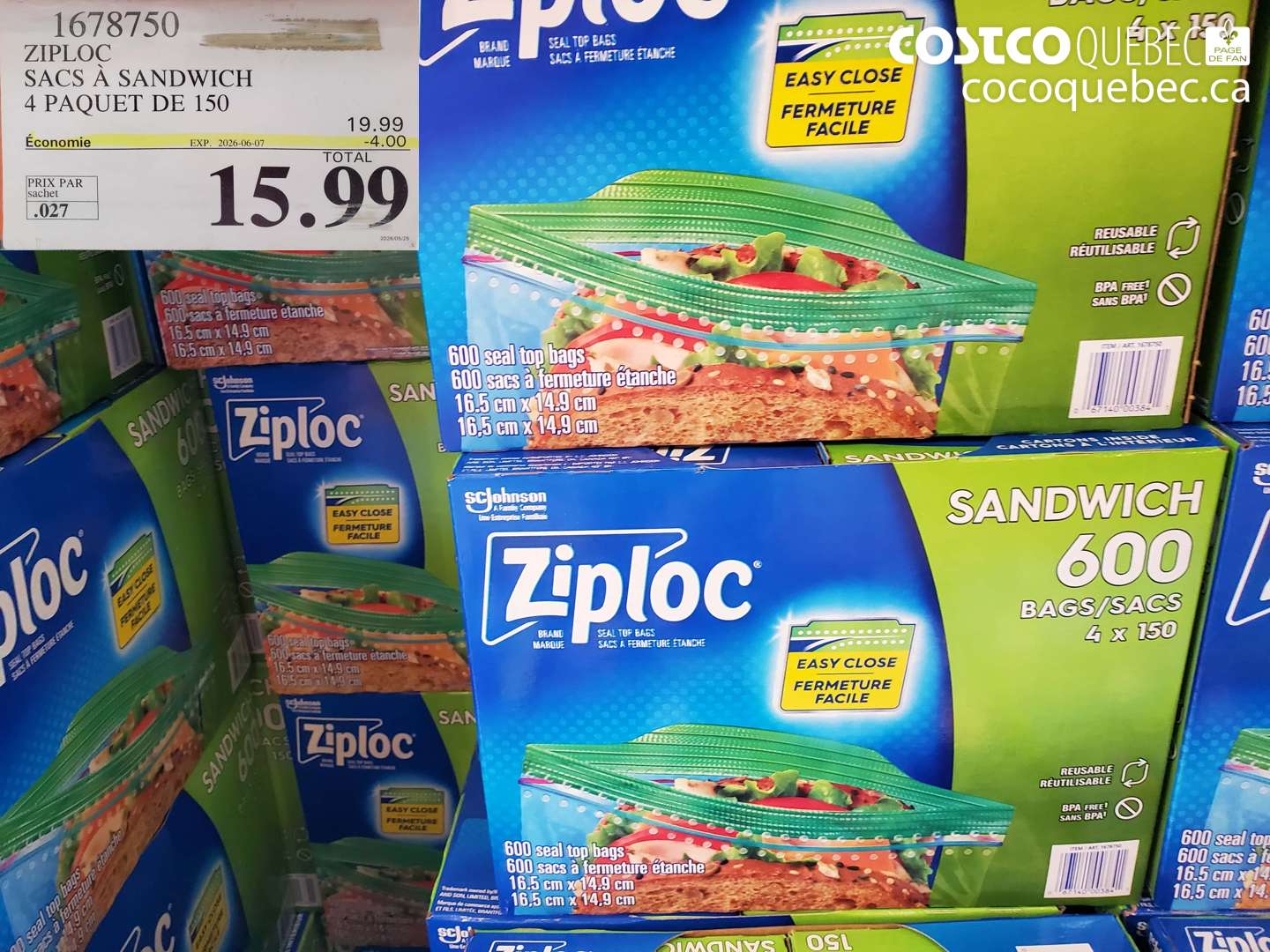 1678750 ZIPLOC SACS À SANDWICH 4 PAQUET DE 150 ($4.00 INSTANT SAVINGS EXPIRES ON 2026-06-07) $15.99