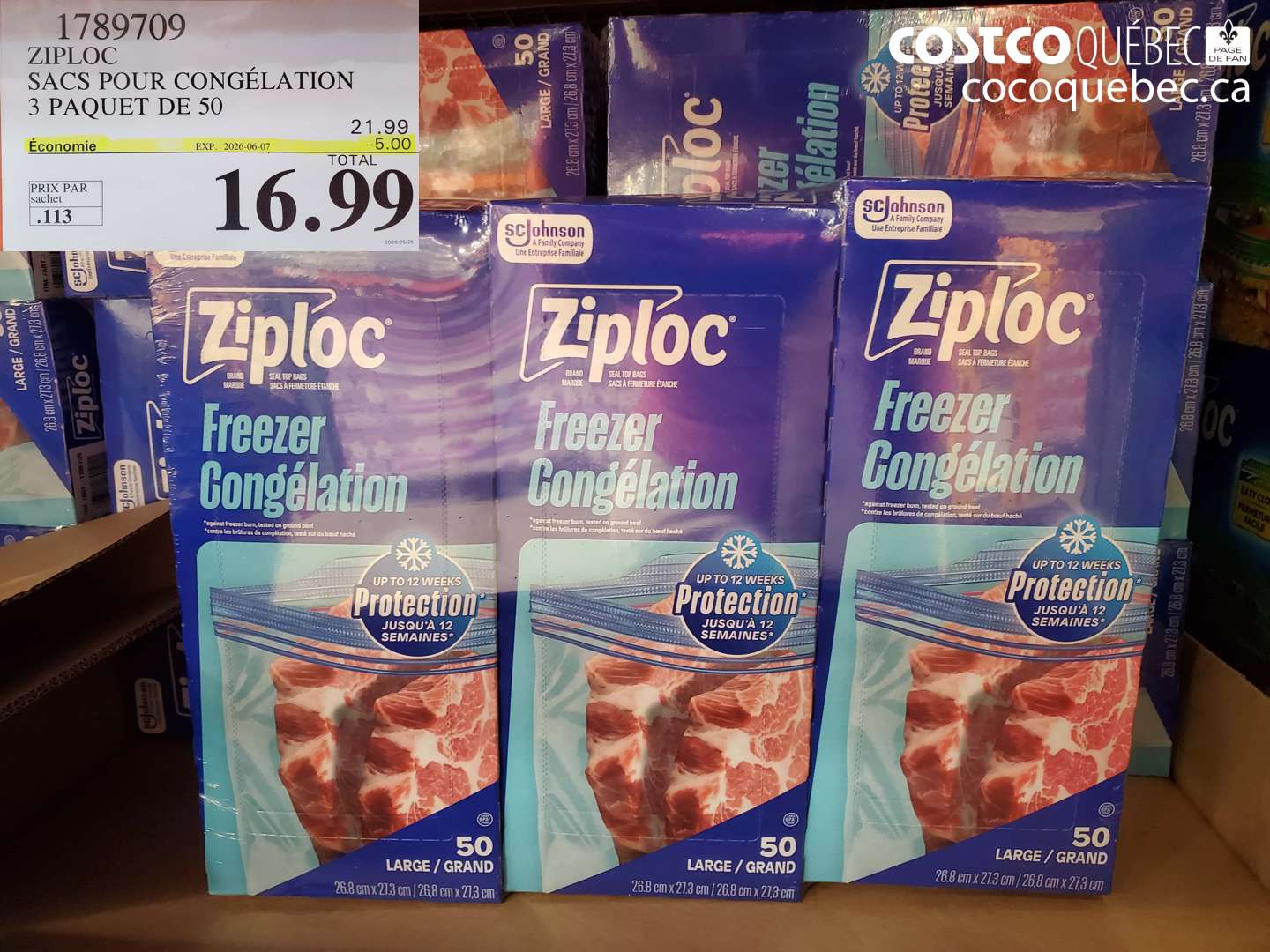 1789709 ZIPLOC SACS POUR CONGÉLATION 3 PAQUET DE 50 ($5.00 INSTANT SAVINGS EXPIRES ON 2026-06-07) $16.99