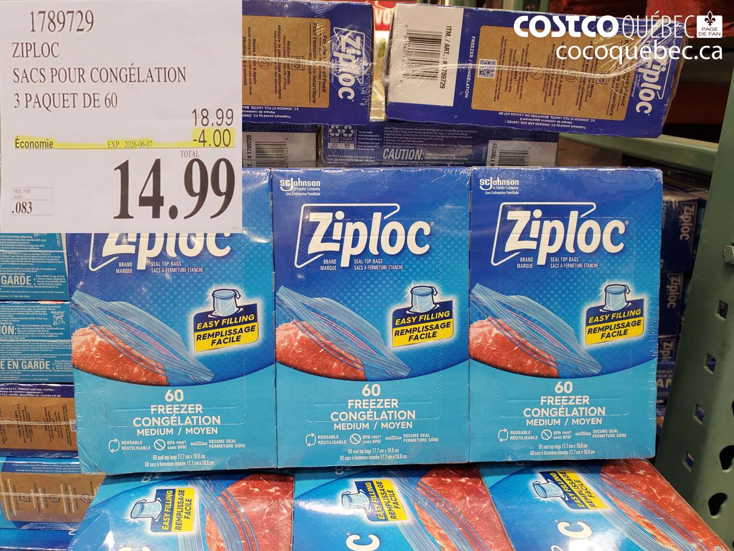 1789729 ZIPLOC SACS POUR CONGÉLATION 3 PAQUET DE 60 ($4.00 INSTANT SAVINGS EXPIRES ON 2026-06-07) $14.99