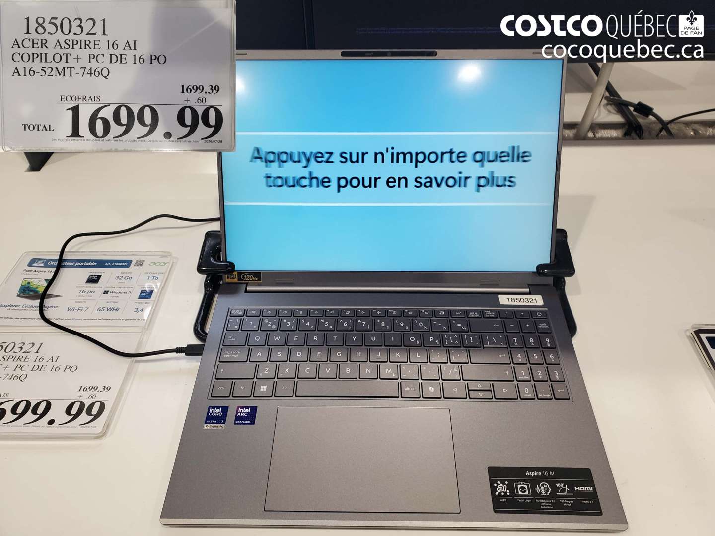 1850321 ACER ASPIRE 16 AI COPILOT + PC DE 16 PO A16-52MT-746Q $1699.99