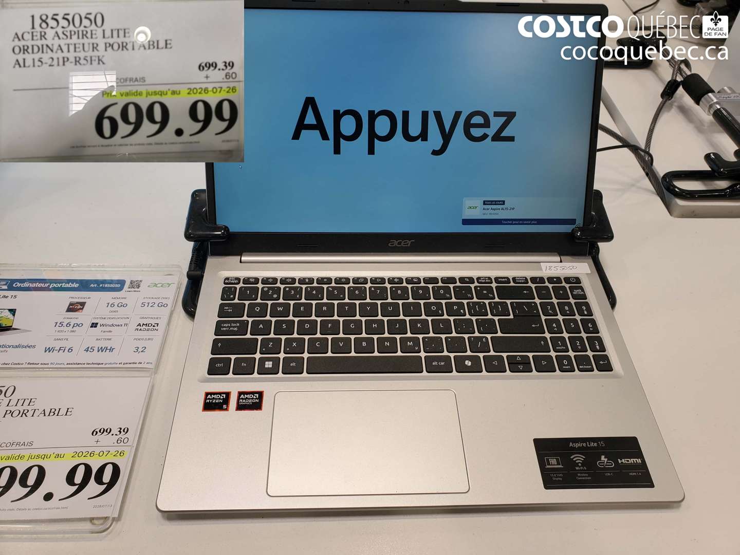 1855050 ACER ASPIRE LITE ORDINATEUR PORTABLE AL15-21P-R5FK (EXPIRES ON 2026-07-26) $699.99