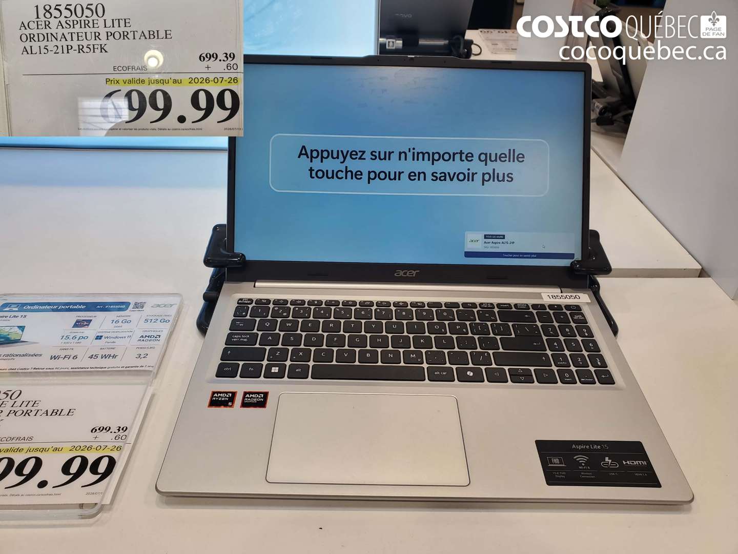 1855050 ACER ASPIRE LITE ORDINATEUR PORTABLE AL15-21P-R5FK (EXPIRES ON 2026-07-26) $699.99