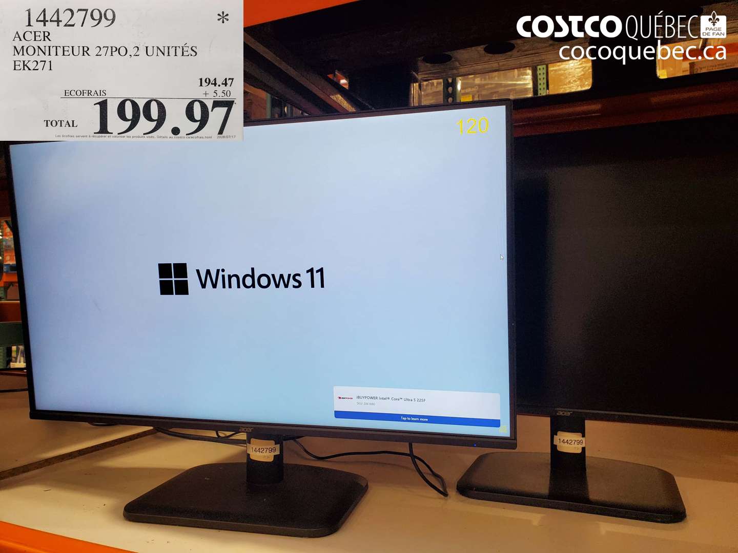 1442799 ACER MONITEUR 27PO,2 UNITÉS EK271 $199.97