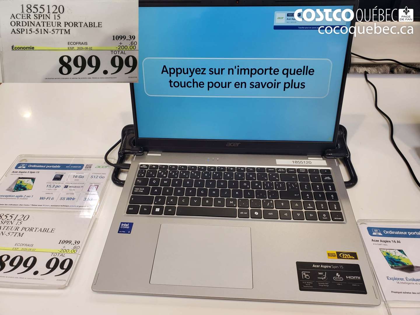 1855120 ACER SPIN 15 ORDINATEUR PORTABLE ASP15-51N-57TM ($200.00 INSTANT SAVINGS EXPIRES ON 2026-08-02) $899.99