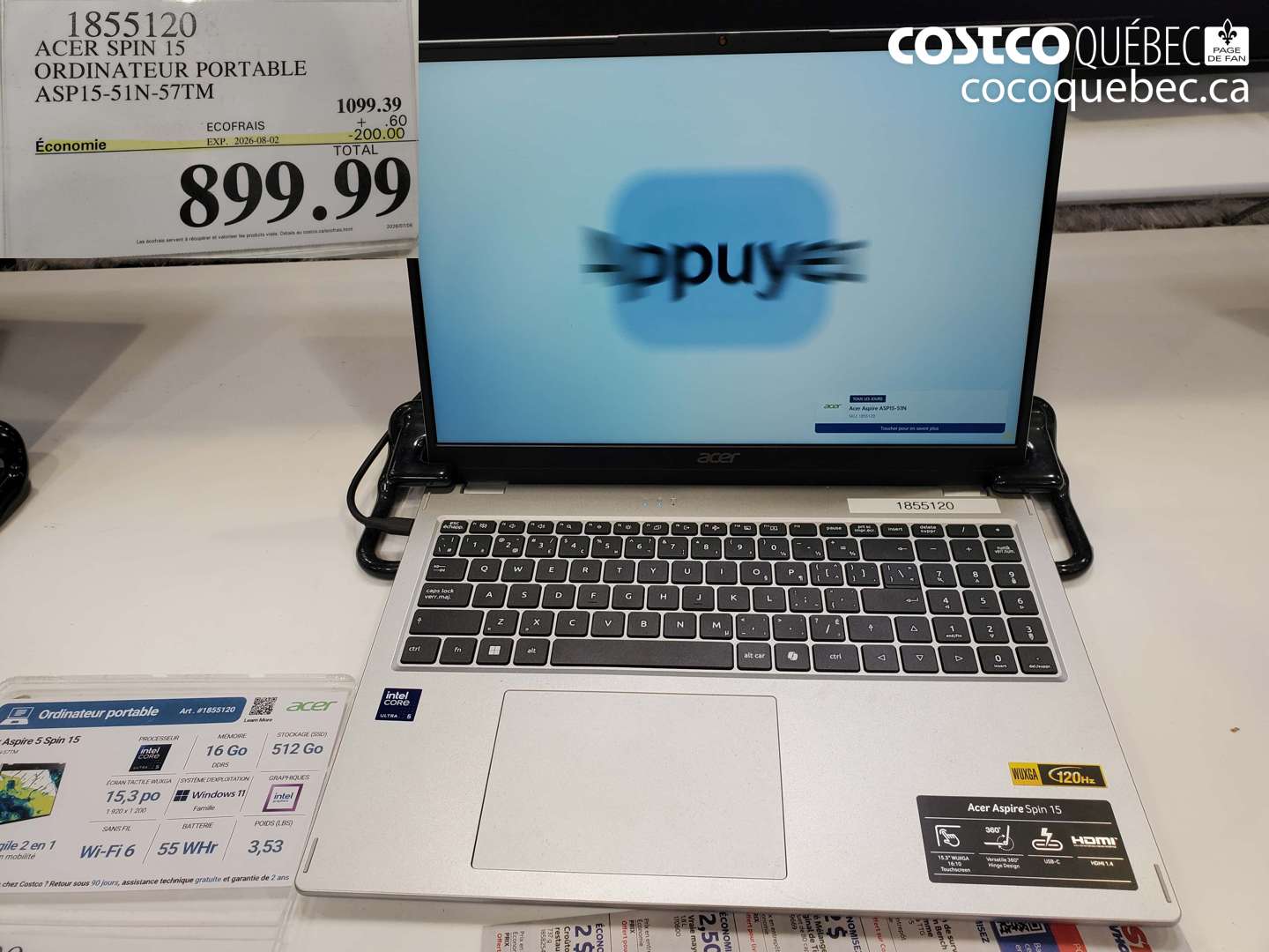 1855120 ACER SPIN 15 ORDINATEUR PORTABLE ASP15-51N-57TM ($200.00 INSTANT SAVINGS EXPIRES ON 2026-08-02) $899.99