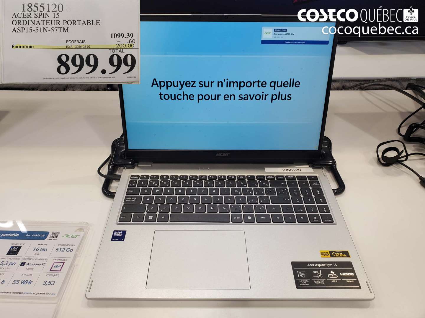 1855120 ACER SPIN 15 ORDINATEUR PORTABLE ASP15-51N-57TM ($200.00 INSTANT SAVINGS EXPIRES ON 2026-08-02) $899.99