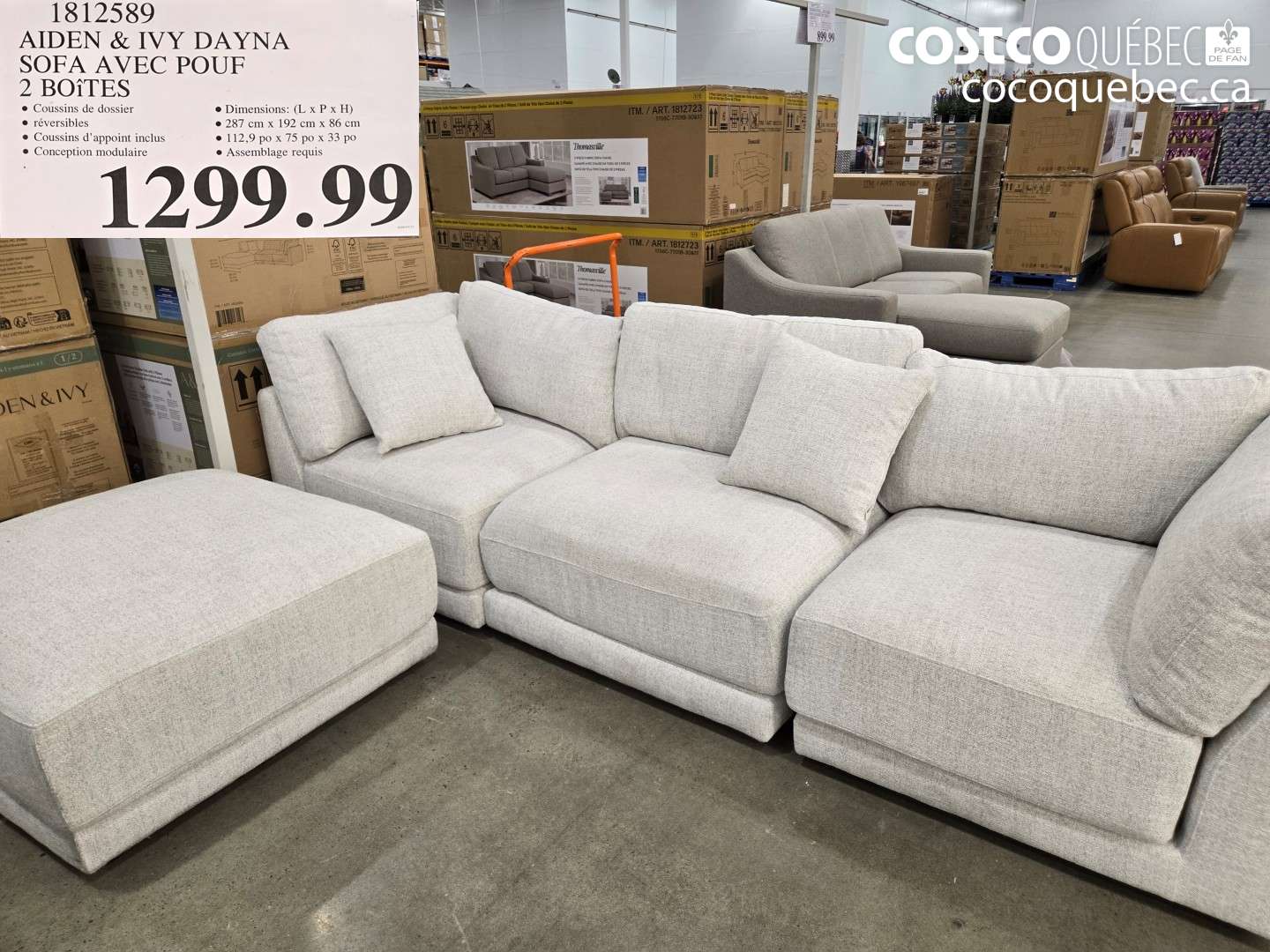 1812589 AIDEN & IVY DAYNA SOFA AVEC POUF 2 BOÎTES $1299.99