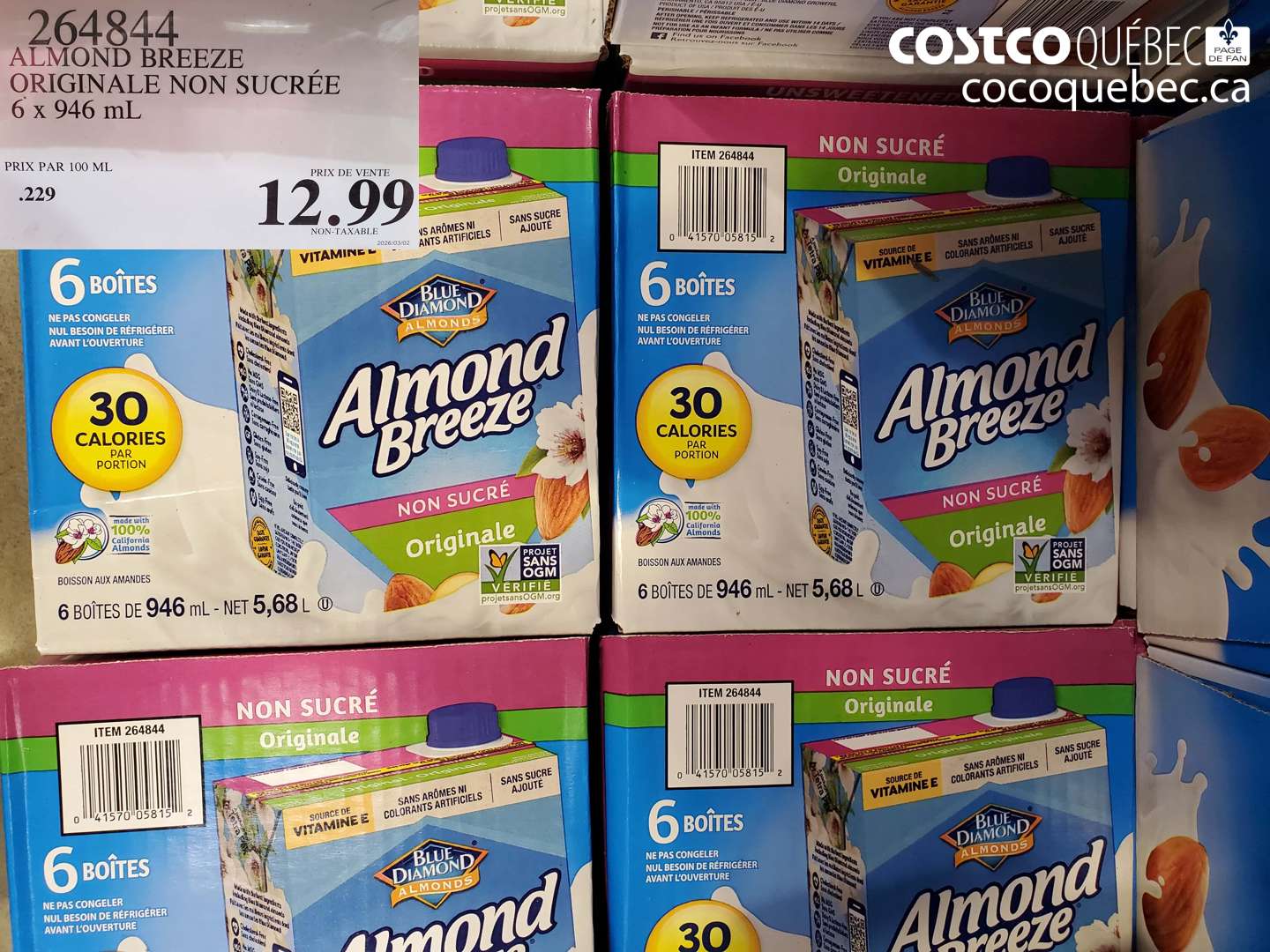 264844 ALMOND BREEZE ORIGINALE NON SUCRÉE 6 X 946 ML $12.99