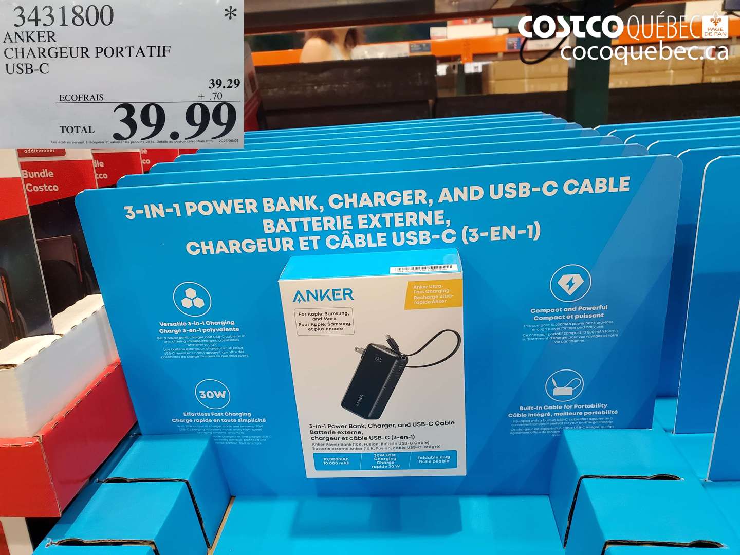 3431800 ANKER CHARGEUR PORTATIF USB-C $39.99
