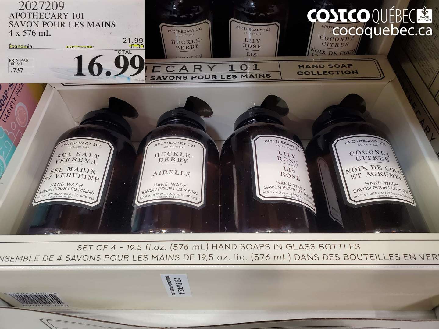 2027209 APOTHECARY 101 SAVON POUR LES MAINS 4 X 576 ML ($5.00 INSTANT SAVINGS EXPIRES ON 2026-08-02) $16.99