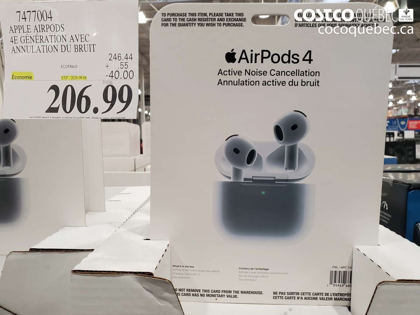 7477004 APPLE AIRPODS 4E GÉNÉRATION AVEC ANNULATION DU BRUIT ($40.00 INSTANT SAVINGS EXPIRES ON 2026-08-06) $206.99