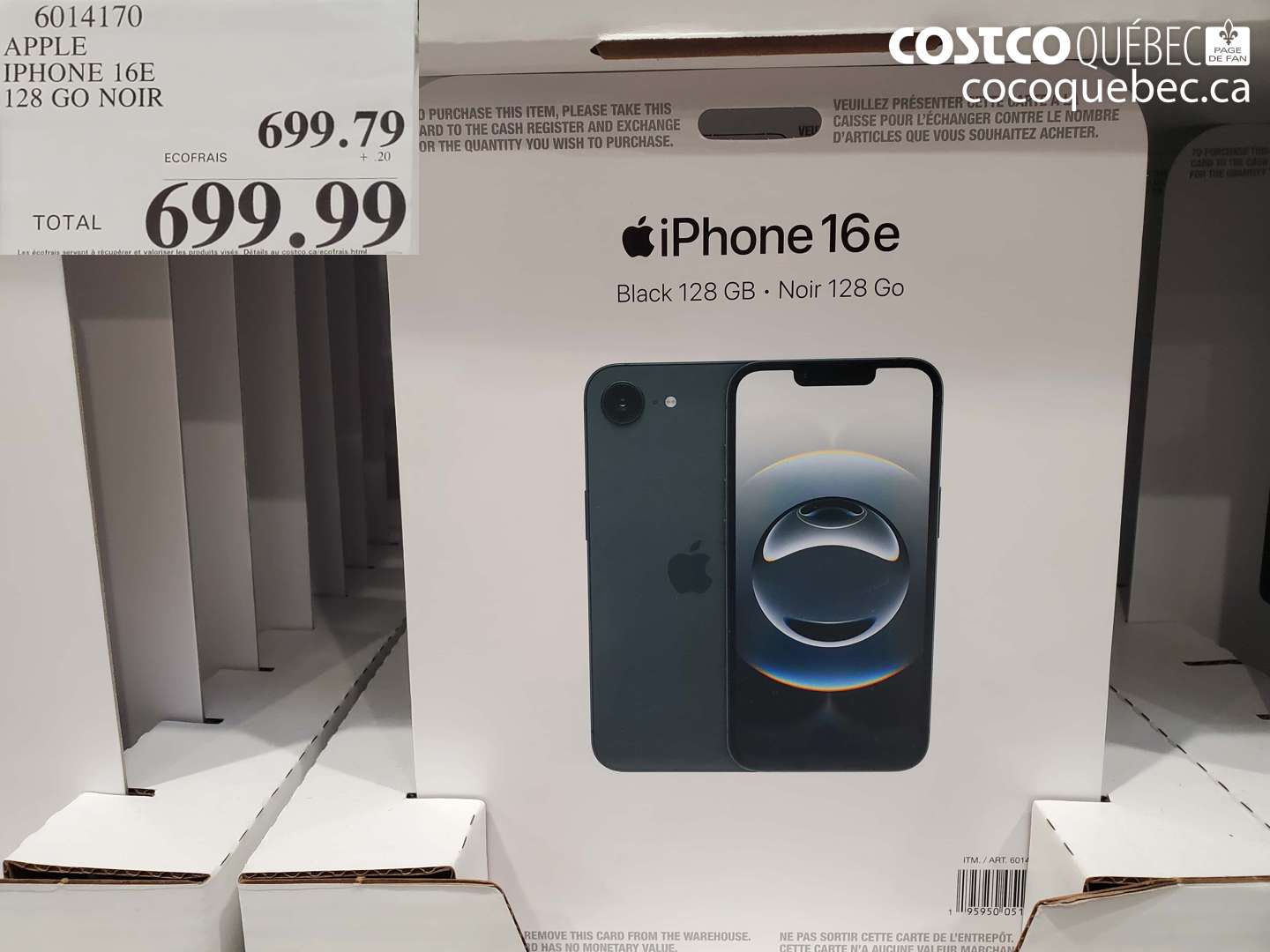 6014170 APPLE IPHONE 16E 128 GO NOIR $699.99