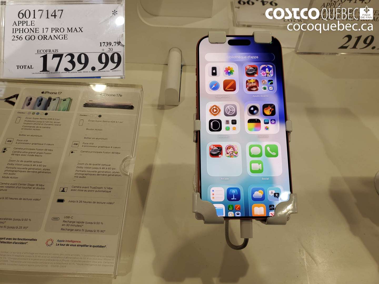 6017147 APPLE IPHONE 17 PRO MAX 256 GO ORANGE $1739.99