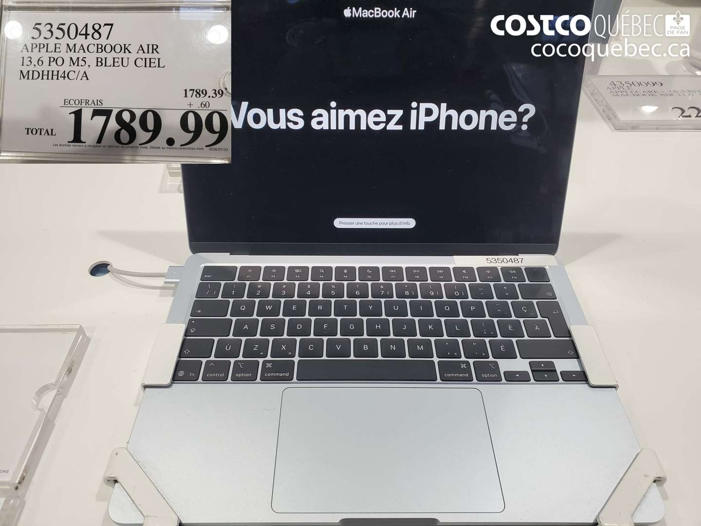 5350487 APPLE MACBOOK AIR 13.6 PO M5, BLEU CIEL MDHH4C/A $1789.99