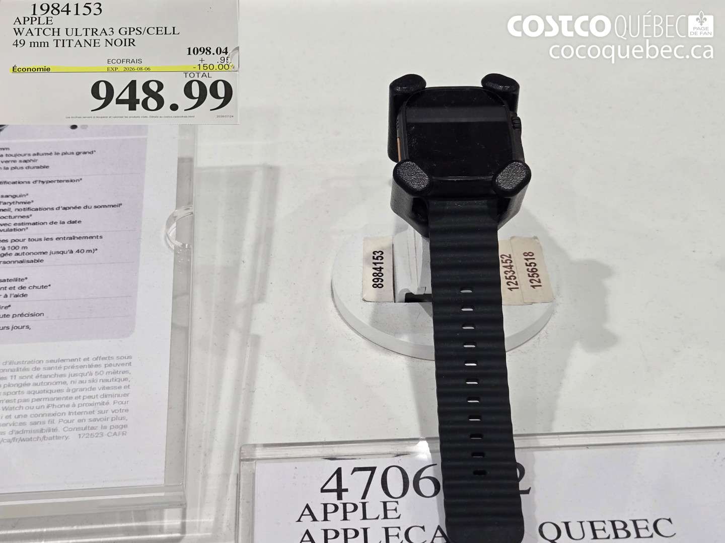 1984153 APPLE WATCH ULTRA3 GPS/CELL 49 MM TITANE NOIR ($150.00 INSTANT SAVINGS EXPIRES ON 2026-08-06) $948.99