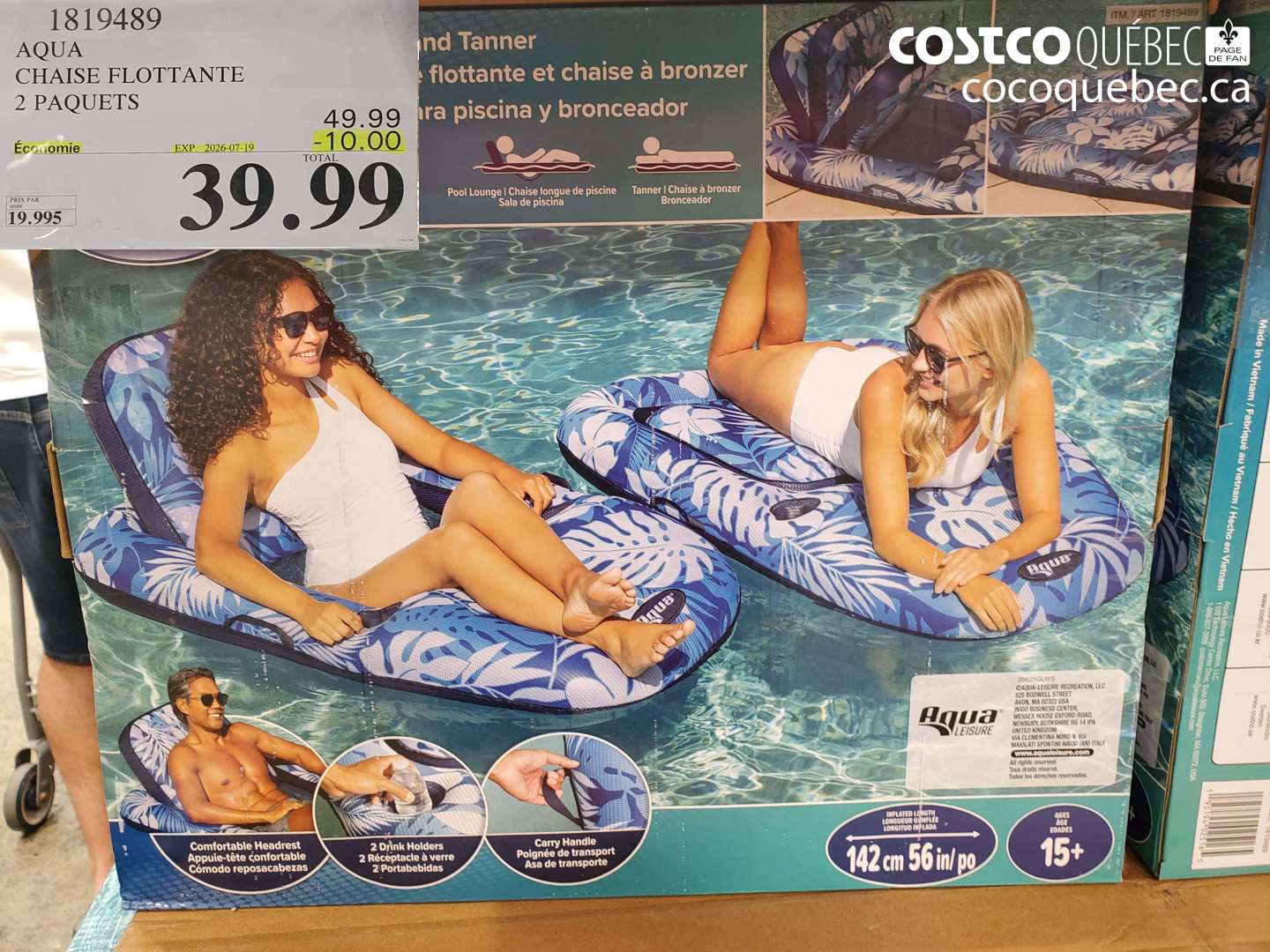 1819489 AQUA CHAISE FLOTTANTE 2 PAQUETS ($10.00 INSTANT SAVINGS EXPIRES ON 2026-07-19) $39.99