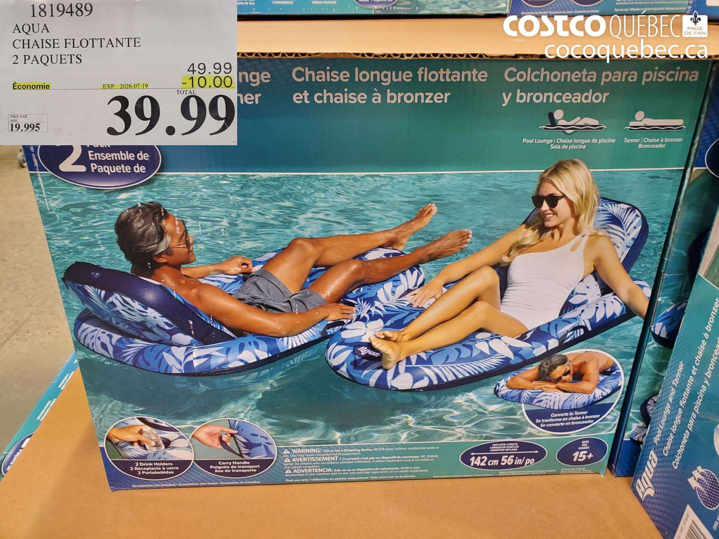 1819489 AQUA CHAISE FLOTTANTE 2 PAQUETS ($10.00 INSTANT SAVINGS EXPIRES ON 2026-07-19) $39.99