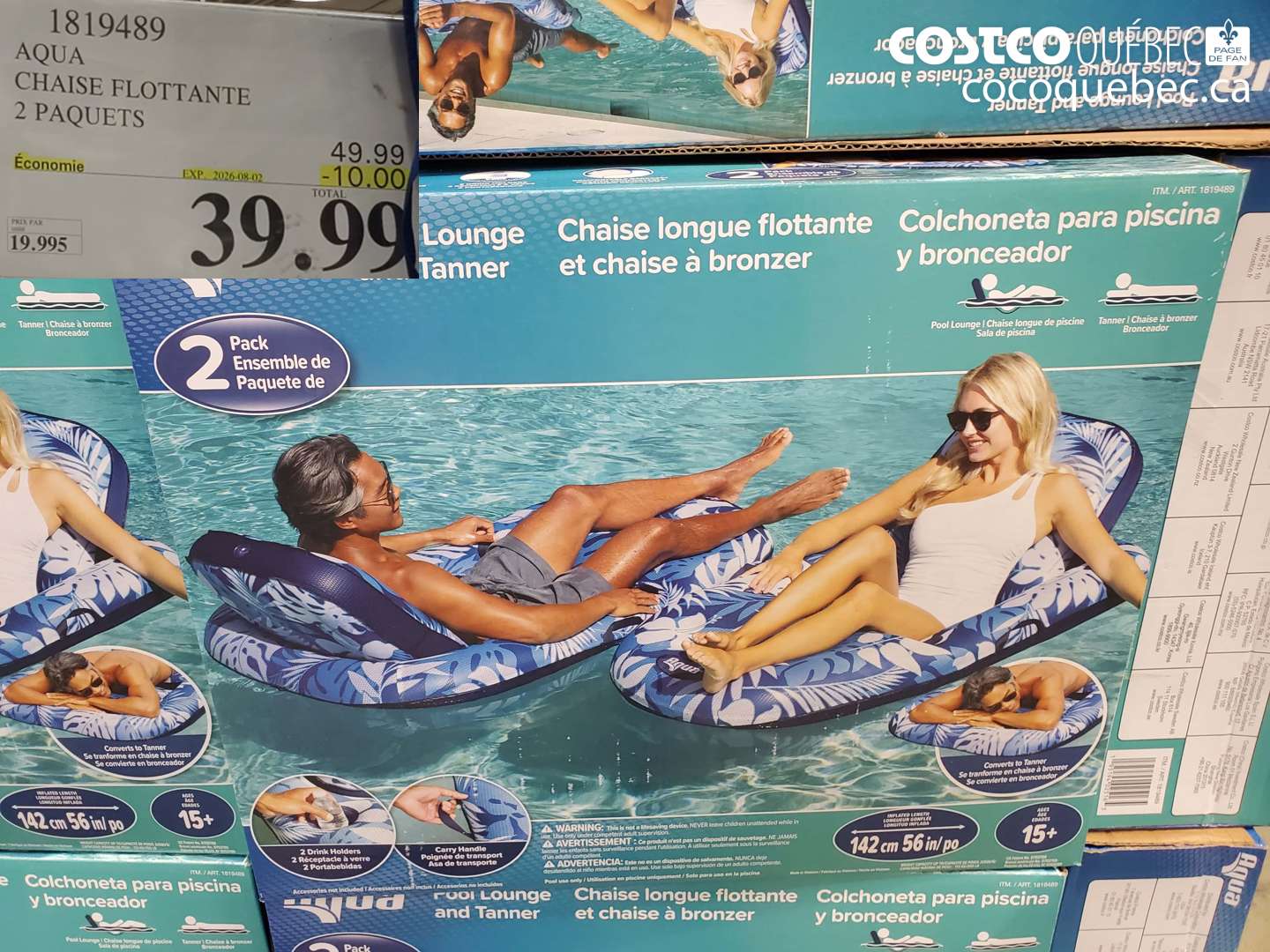 1819489 AQUA CHAISE FLOTTANTE 2 PAQUETS ($10.00 INSTANT SAVINGS EXPIRES ON 2026-08-02) $39.99