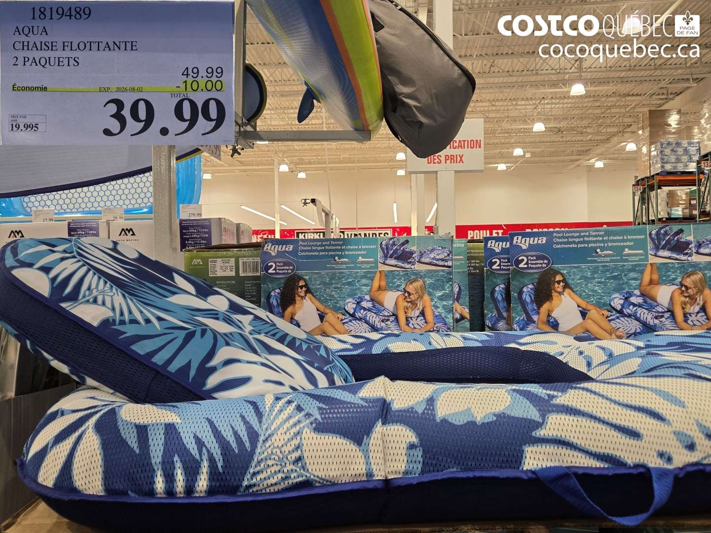 1819489 AQUA CHAISE FLOTTANTE 2 PAQUETS ($10.00 INSTANT SAVINGS EXPIRES ON 2026-08-02) $39.99