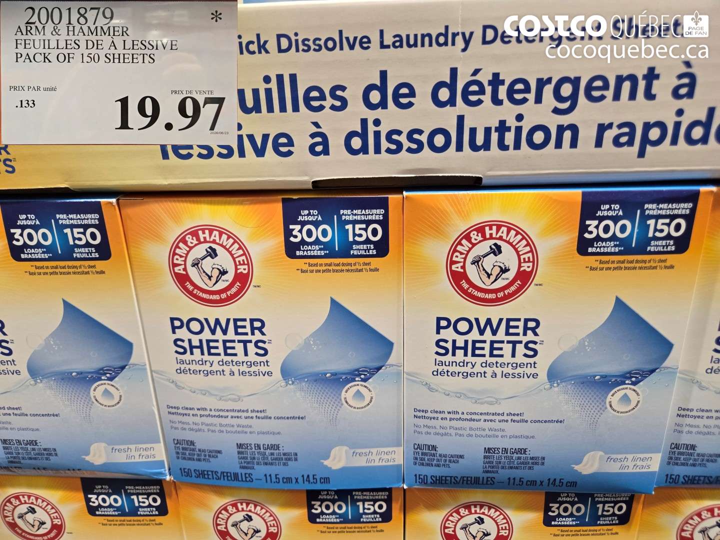2001879 ARM & HAMMER FEUILLES DE À LESSIVE PACK OF 150 SHEETS $19.97