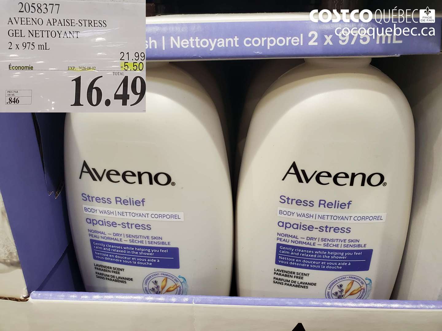 2058377 AVEENO APAISE-STRESS GEL NETTOYANT 2 X 975 ML ($5.50 INSTANT SAVINGS EXPIRES ON 2026-08-02) $16.49