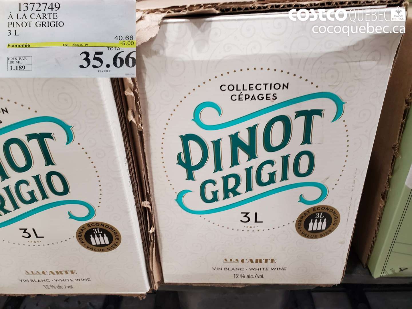 1372749 À LA CARTE PINOT GRIGIO 3 L ($5.00 INSTANT SAVINGS EXPIRES ON 2026-07-19) $35.66
