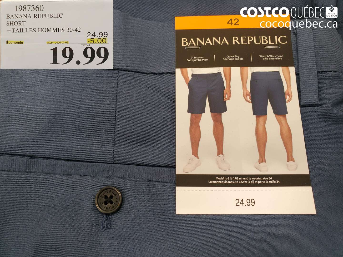 1987360 BANANA REPUBLIC SHORT +TAILLES HOMMES 30-42 ($5.00 INSTANT SAVINGS EXPIRES ON 2026-07-05) $19.99