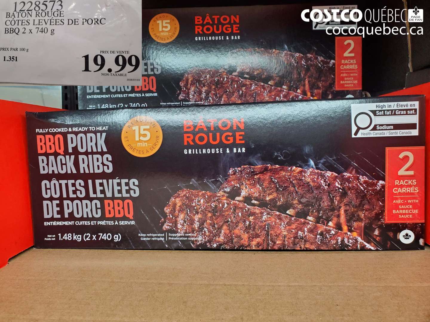 1228573 BATON ROUGE CÔTES LEVÉES DE PORC BBQ 2 X 740 G $19.99