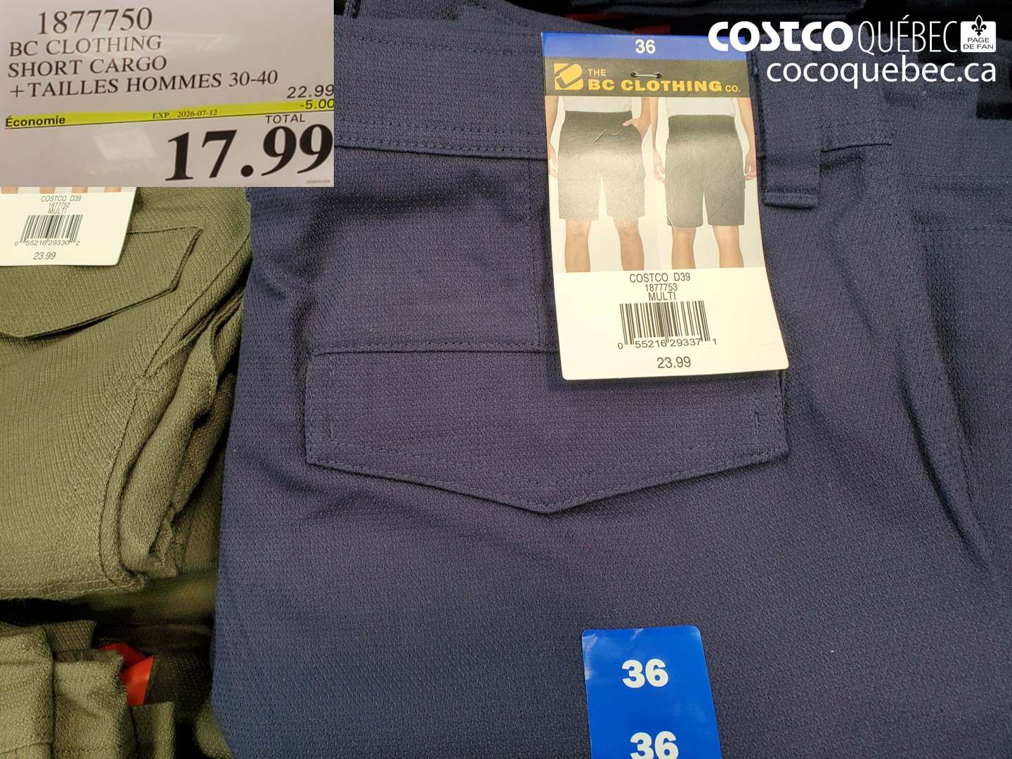 1877750 BC CLOTHING SHORT CARGO +TAILLES HOMMES 30-40 ($5.00 INSTANT SAVINGS EXPIRES ON 2026-07-12) $17.99