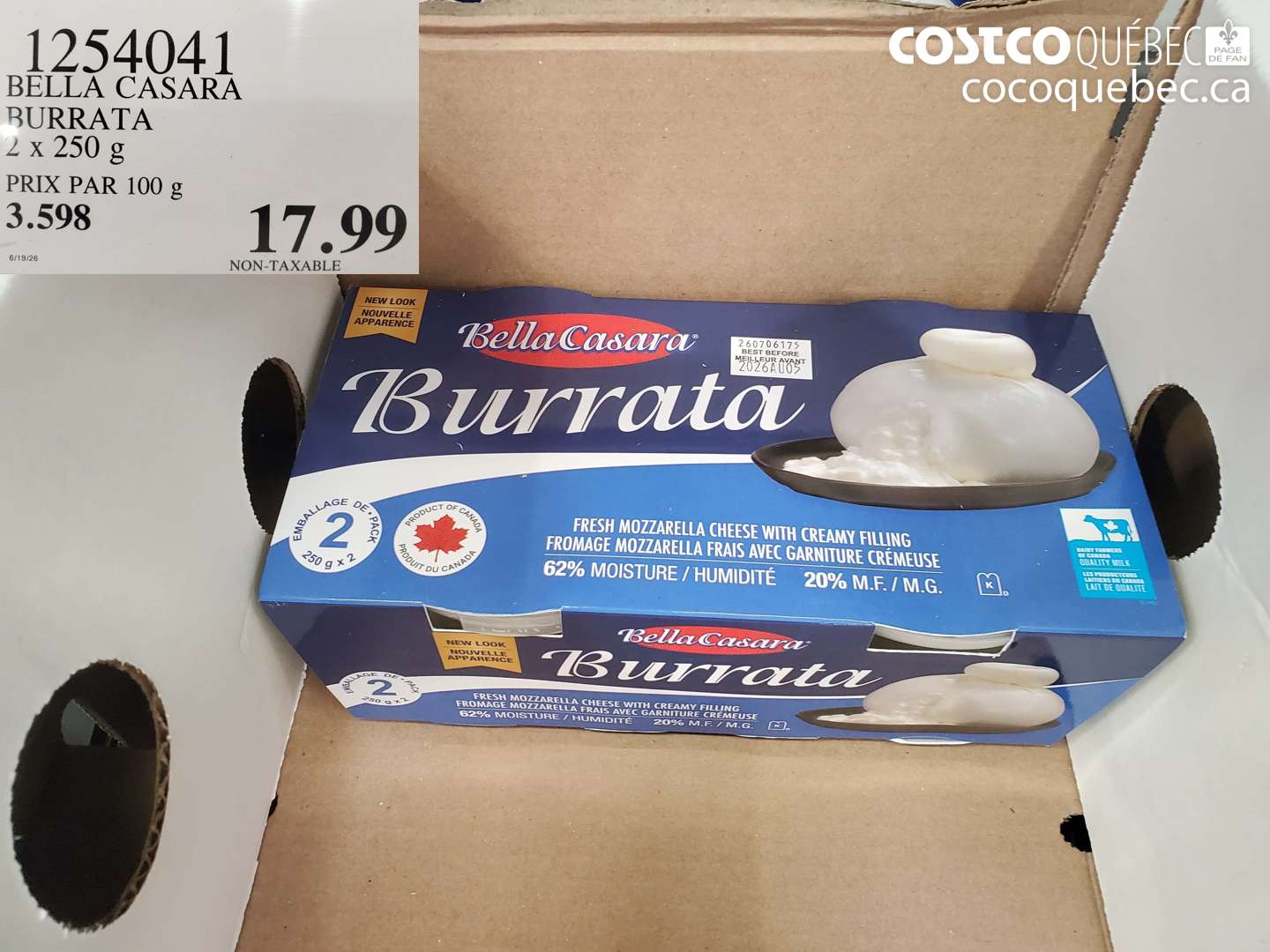 1254041 BELLA CASARA BURRATA 2 X 250 G $17.99