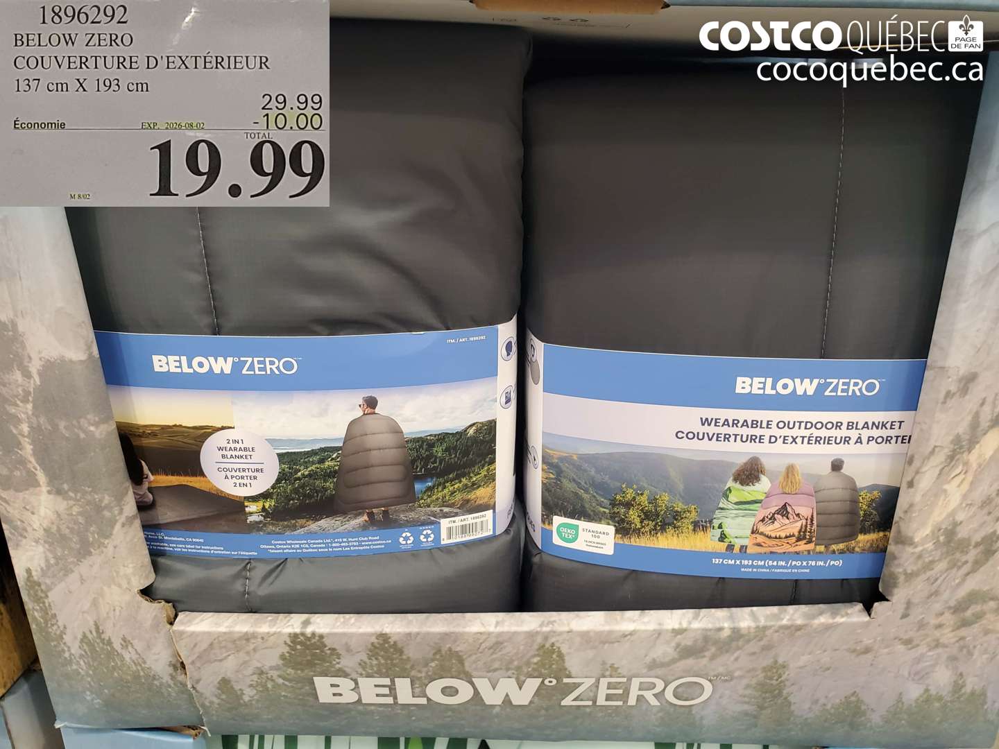 1896292 BELOW ZERO COUVERTURE D'EXTÉRIEUR 137 CM X 193 CM ($10.00 INSTANT SAVINGS EXPIRES ON 2026-08-02) $19.99