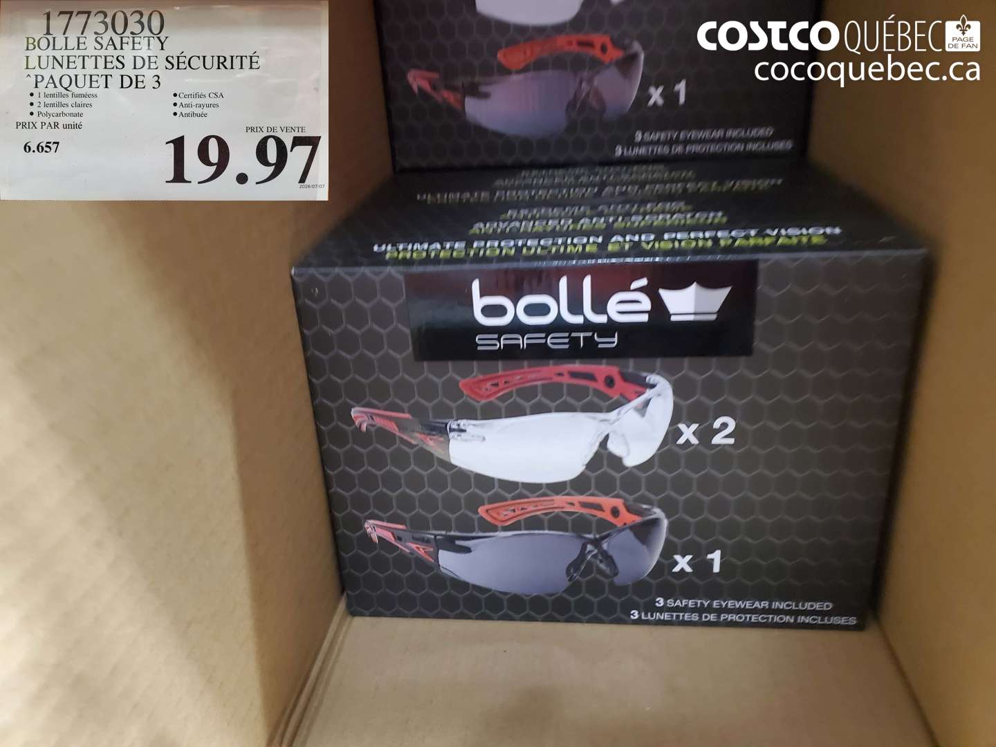 1773030 BOLLE SAFETY LUNETTES DE SÉCURITÉ PAQUET DE 3 $19.97