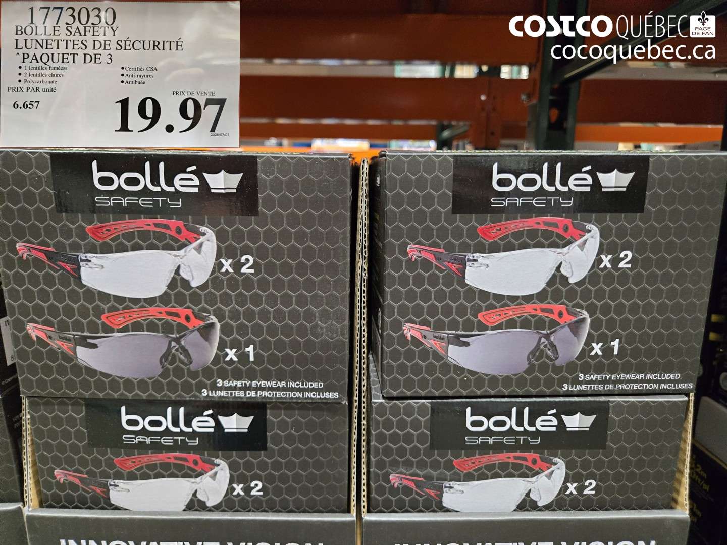1773030 BOLLE SAFETY LUNETTES DE SÉCURITÉ PAQUET DE 3 $19.97
