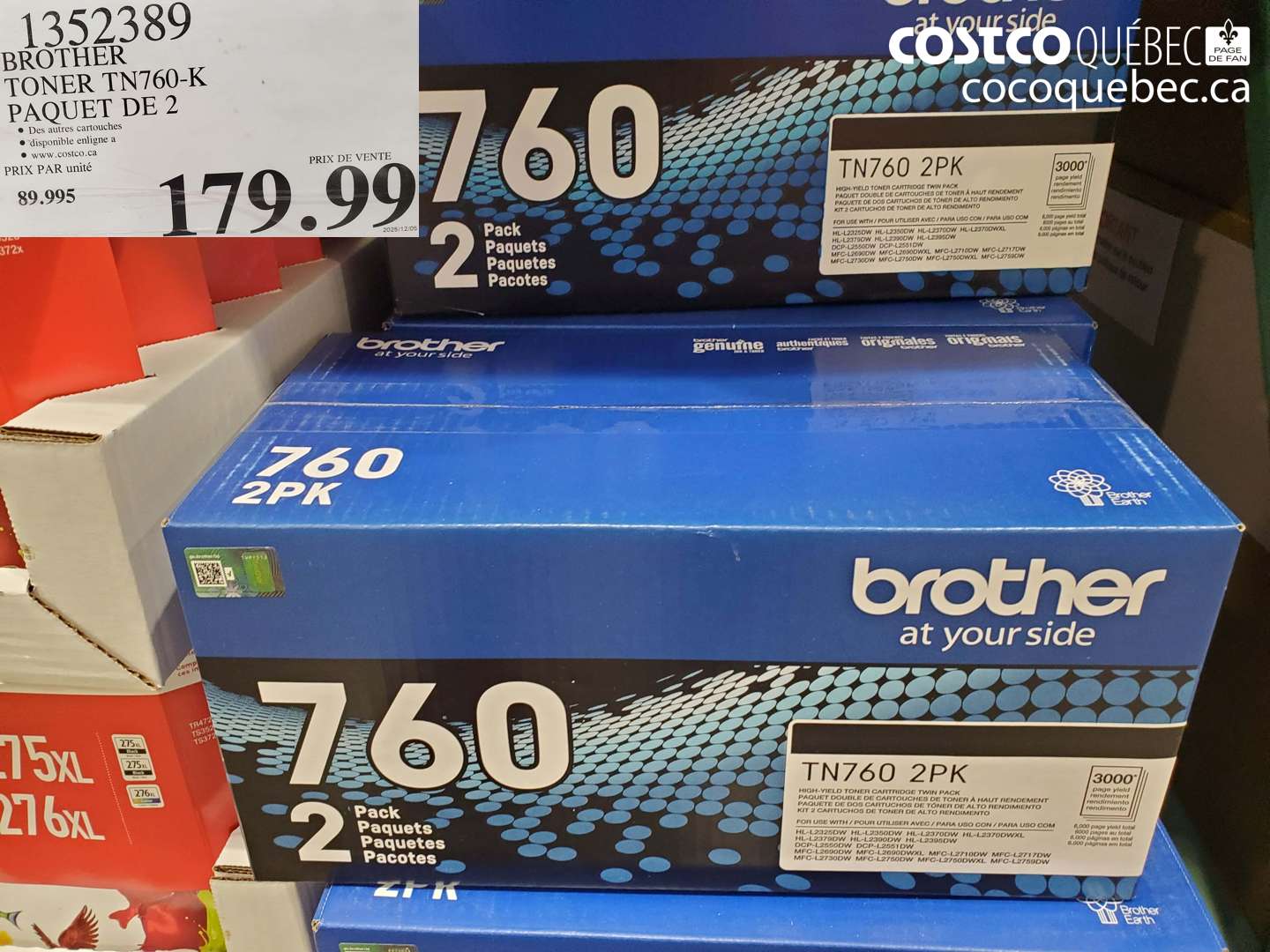 1352389 BROTHER TONER TN760-K PAQUET DE 2 $179.99