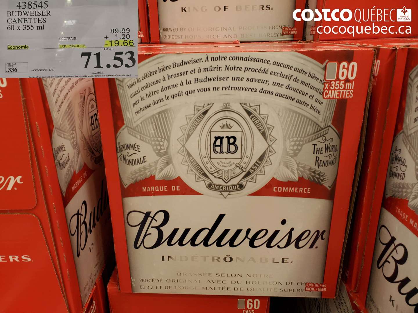 438545 BUDWEISER CANETTES 60 X 355 ML ($19.66 INSTANT SAVINGS EXPIRES ON 2026-07-08) $71.53