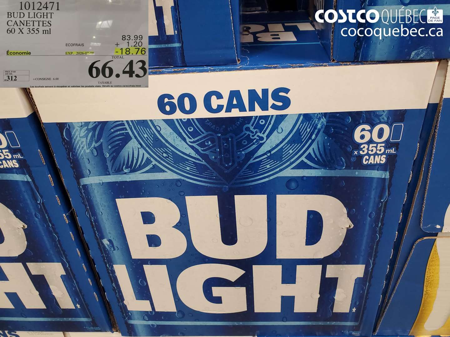 1012471 BUD LIGHT CANETTES 60 X 355 ML ($18.76 INSTANT SAVINGS EXPIRES ON 2026-07-08) $66.43