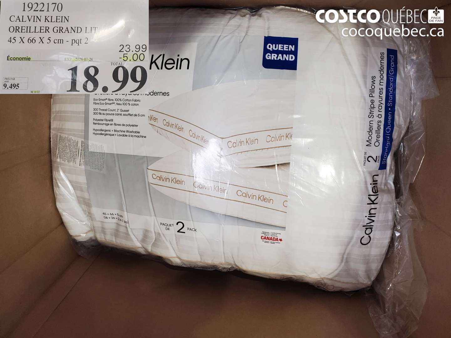 1922170 CALVIN KLEIN OREILLER GRAND LIT 45 X 66 X 5 CM - PQT 2 ($5.00 INSTANT SAVINGS EXPIRES ON 2026-07-26) $18.99