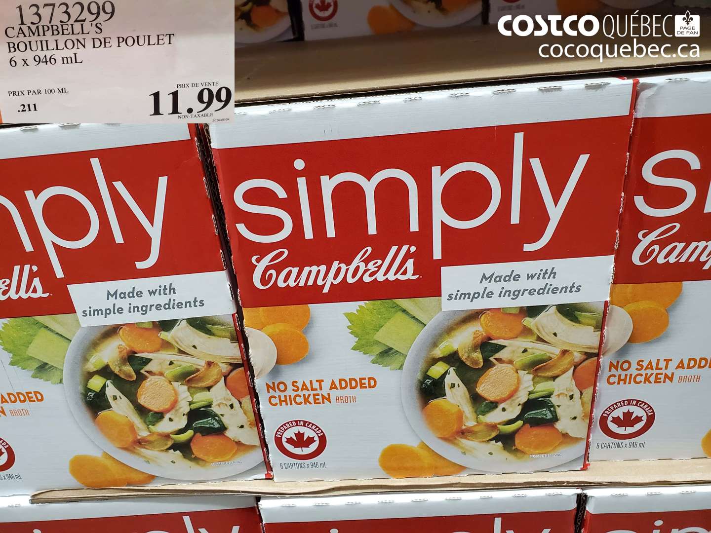 1373299 CAMPBELL'S BOUILLON DE POULET 6 946 ML $11.99
