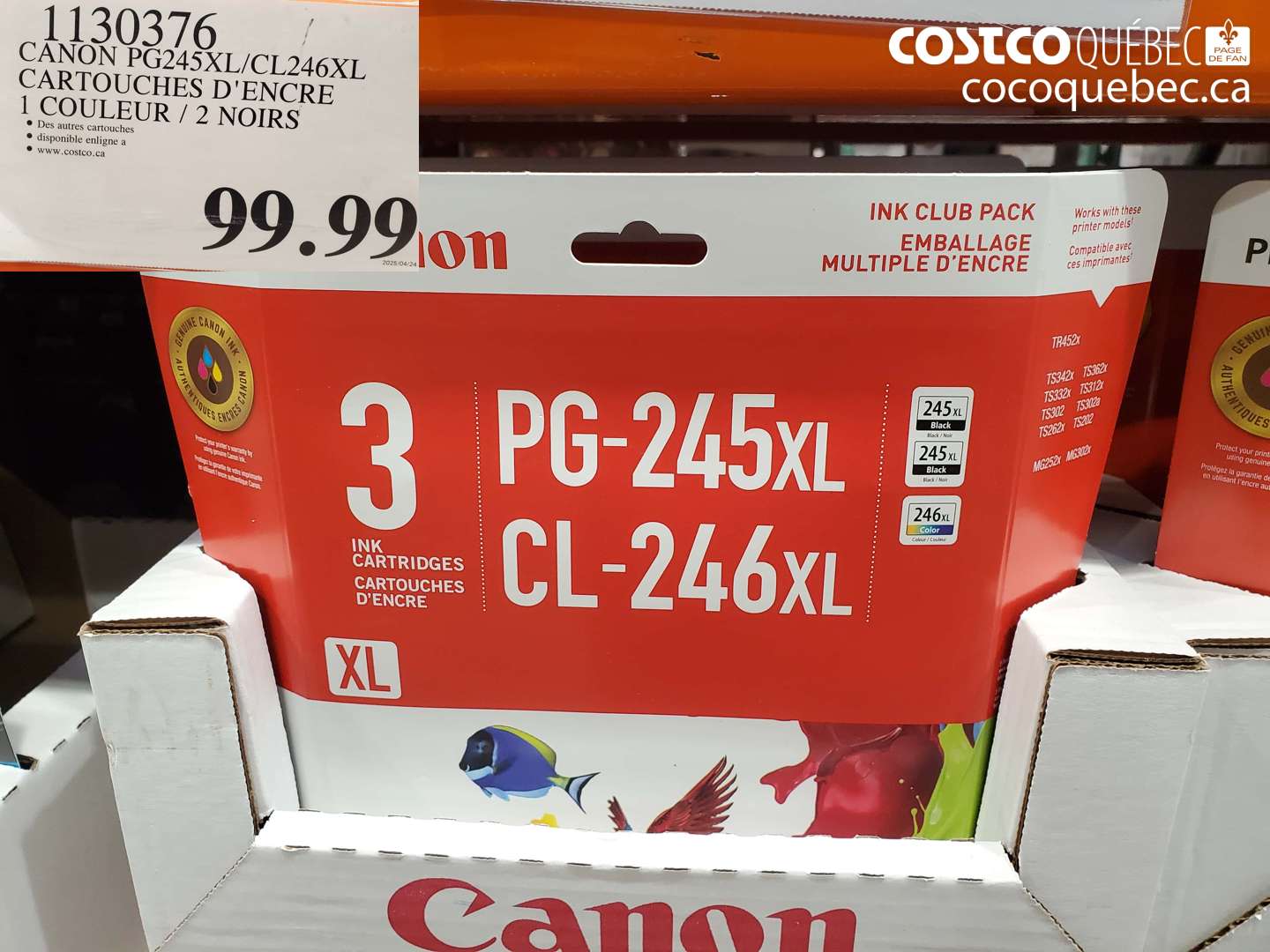 1130376 CANON PG245XL/CL246XL CARTOUCHES D'ENCRE 1 COULEUR / 2 NOIRS $99.99