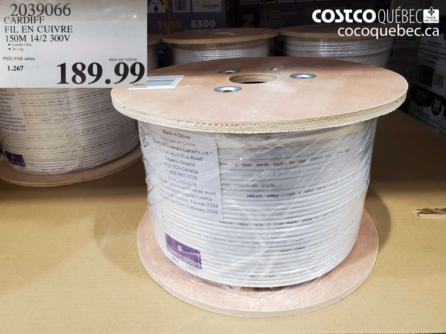 2039066 CARDIFF FIL EN CUIVRE 150M 14/2 300V $189.99