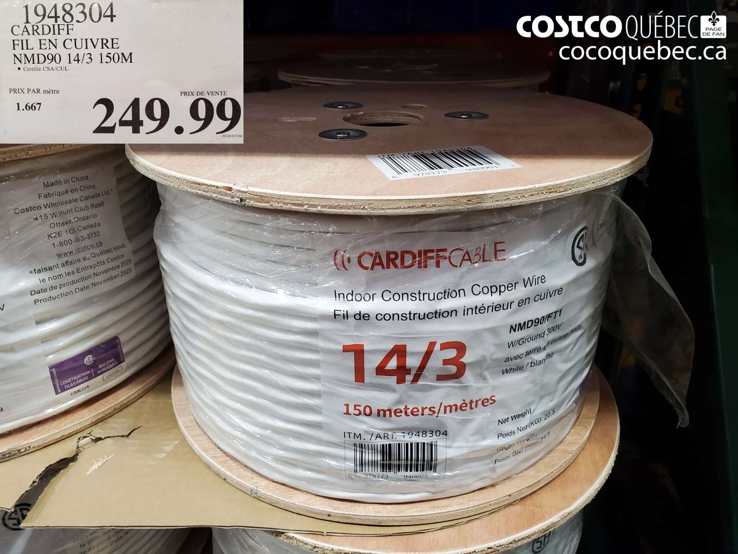 1948304 CARDIFF FIL EN CUIVRE NMD90 14/3 150M $249.99