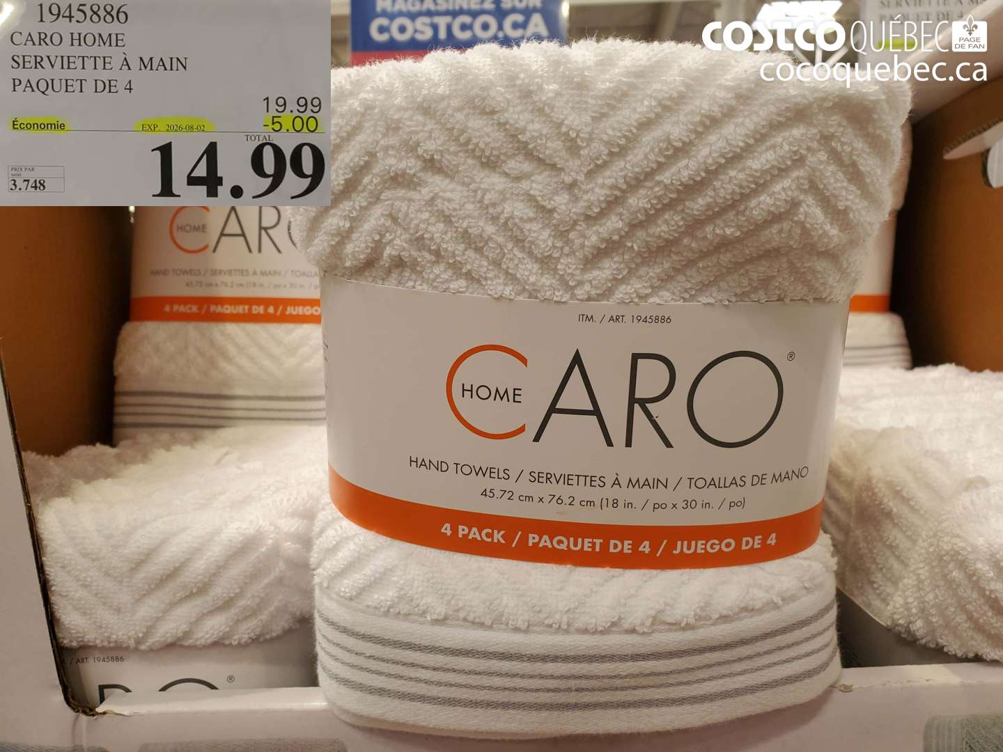 1945886 CARO HOME SERVIETTE À MAIN PAQUET DE 4 ($5.00 INSTANT SAVINGS EXPIRES ON 2026-08-02) $14.99