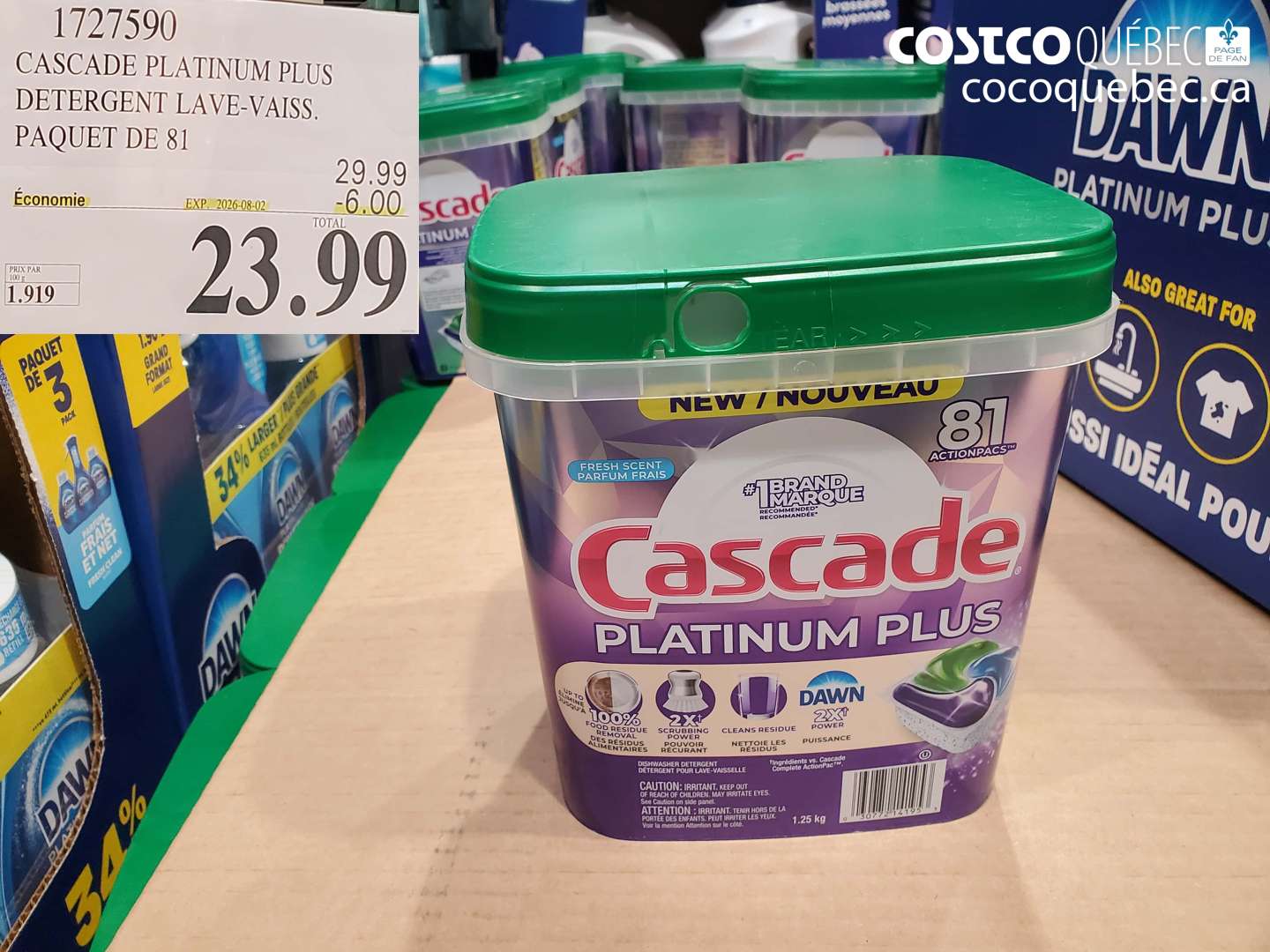1727590 CASCADE PLATINUM PLUS DETERGENT LAVE-VAISS. PAQUET DE 81 ($6.00 INSTANT SAVINGS EXPIRES ON 2026-08-02) $23.99
