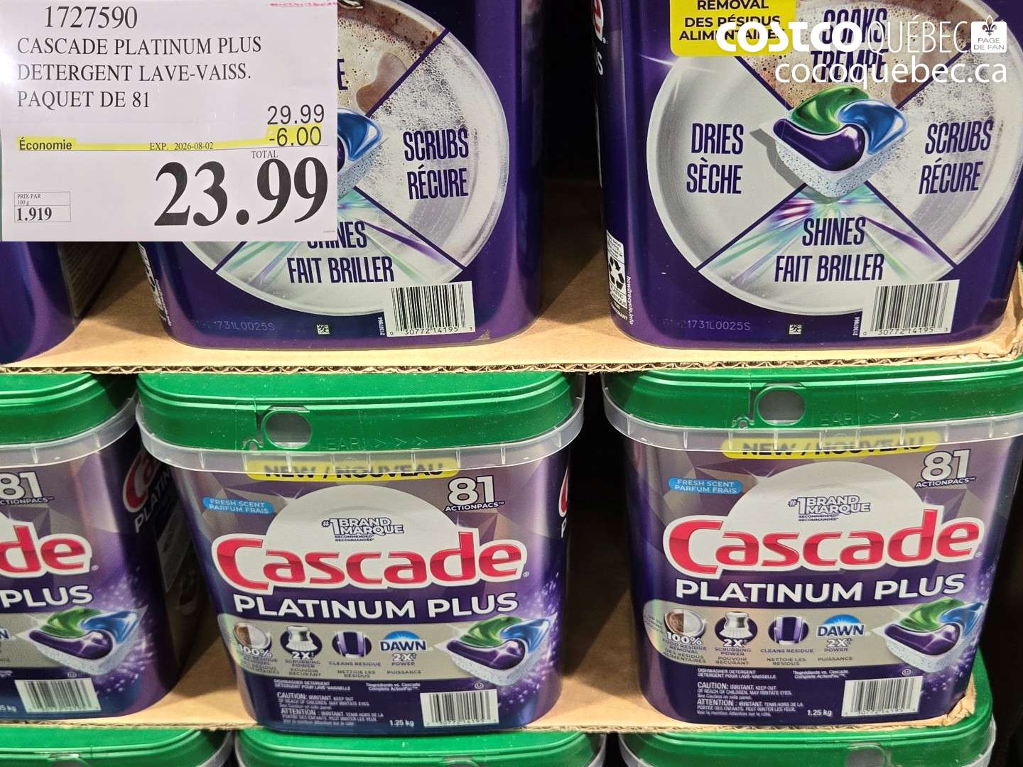 1727590 CASCADE PLATINUM PLUS DETERGENT LAVE-VAISS. PAQUET DE 81 ($6.00 INSTANT SAVINGS EXPIRES ON 2026-08-02) $23.99