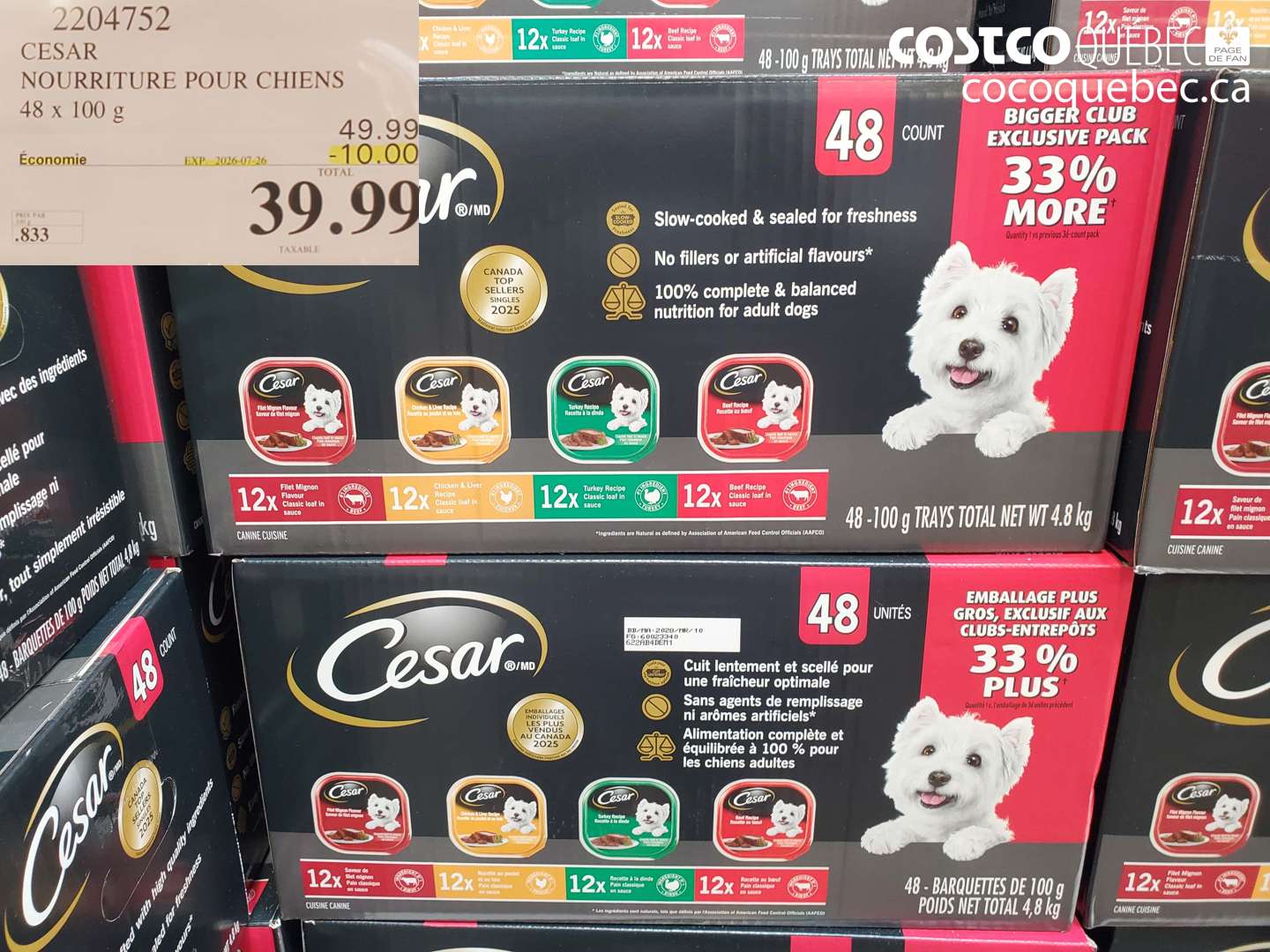 2204752 CESAR NOURRITURE POUR CHIENS 48 X 100 G ($10.00 INSTANT SAVINGS EXPIRES ON 2026-07-26) $39.99