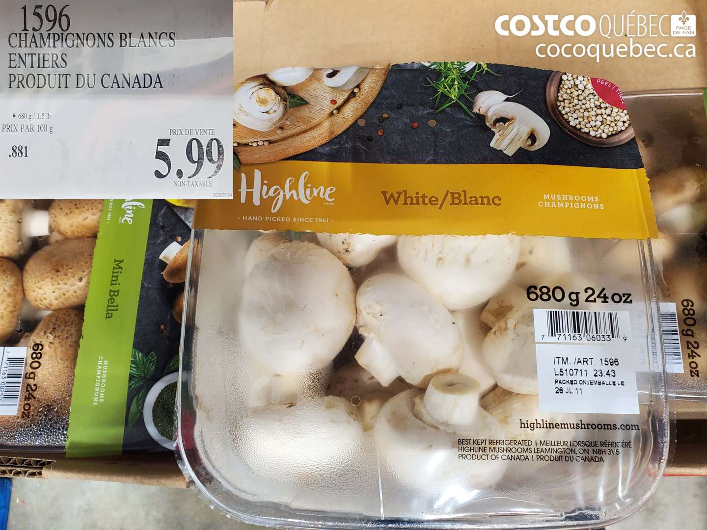 1596 CHAMPIGNONS BLANCS ENTIERS PRODUIT DU CANADA $5.99