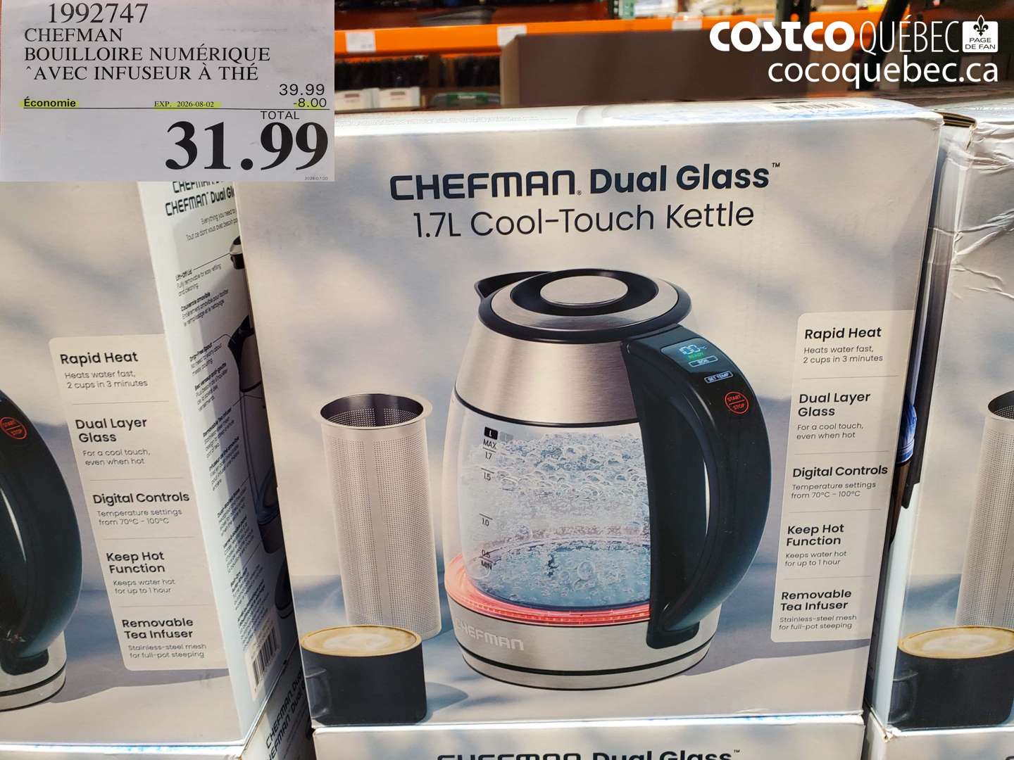 1992747 CHEFMAN BOUILLOIRE NUMÉRIQUE AVEC INFUSEUR À THÉ ($8.00 INSTANT SAVINGS EXPIRES ON 2026-08-02) $31.99