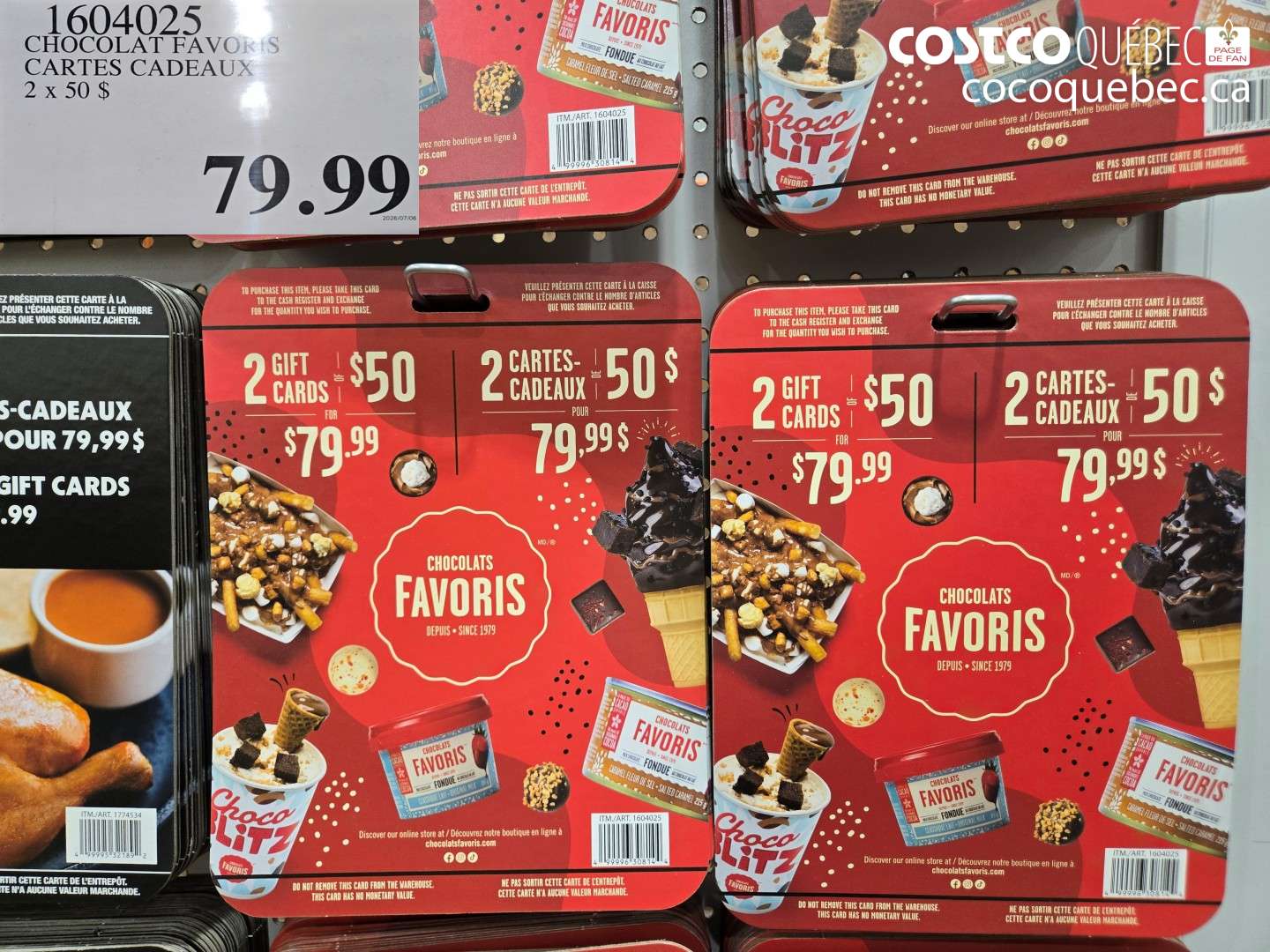 1604025 CHOCOLAT FAVORIS CARTES CADEAUX $79.99