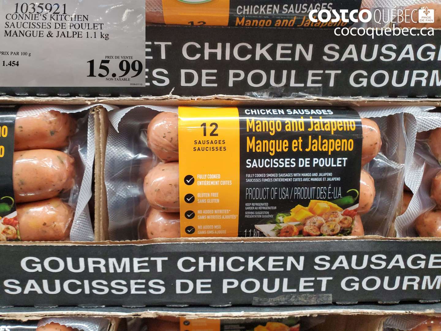 1035921 CONNIE'S KITCHEN SAUCISSES DE POULET MANGUE & JALPE 1.1 KG $15.99