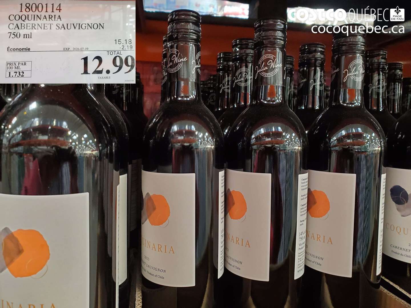 1800114 COQUINARIA CABERNET SAUVIGNON 750 ML ($2.19 INSTANT SAVINGS EXPIRES ON 2026-07-19) $12.99